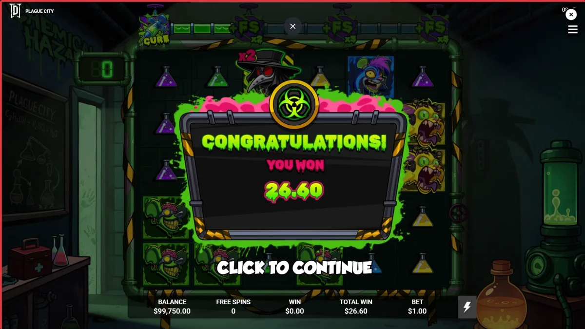Tampilan visual slot Plague City dengan tema laboratorium apokaliptik