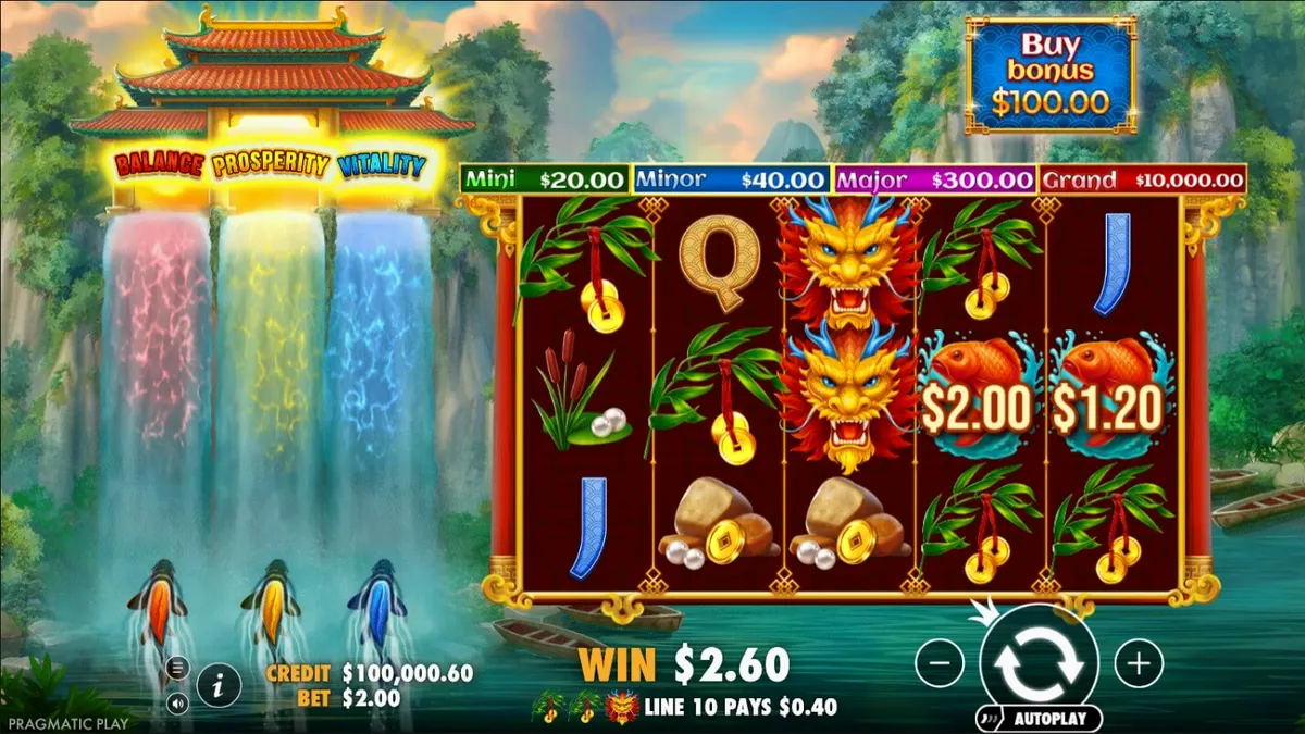 Tampilan visual slot Dragon’s Gate Bonus Choice dengan tema naga dan pegunungan.